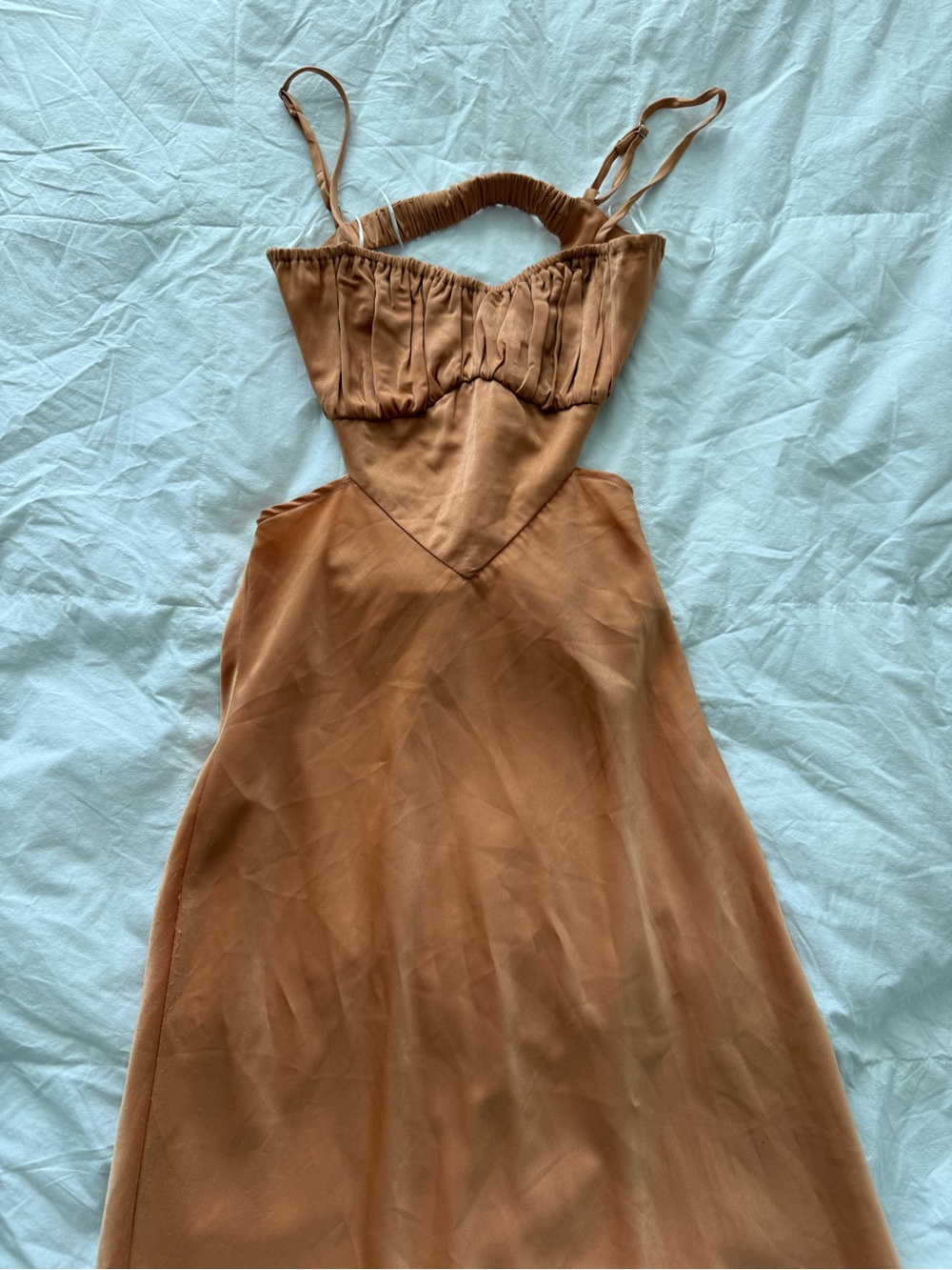 Hello Molly Caramel Brown Backless Satin Slip Dress